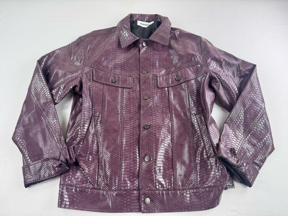 Parasona Men’s Large Purple Snakeskin Faux Leather Trucker Jacket